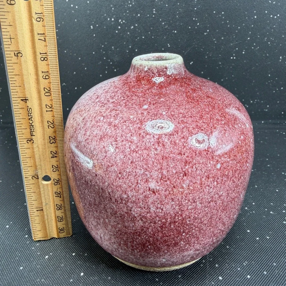 Vintage 1993 Signed Studio Pottery Bud Vase Oxblood Red Speckled Glaze 5inch VTG